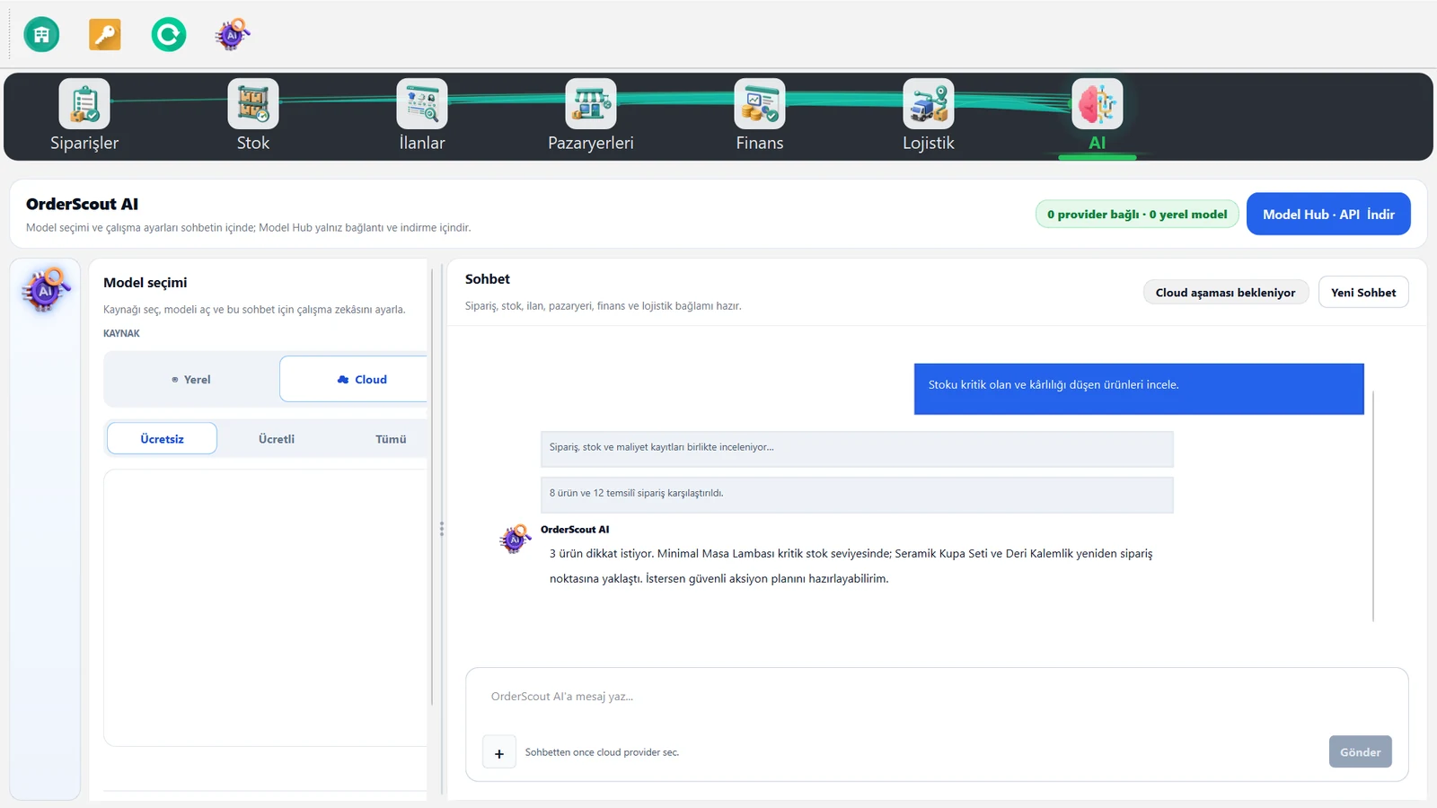 OrderScout AI çalışma alanında stok, sipariş ve maliyet kayıtlarının birlikte incelenmesi