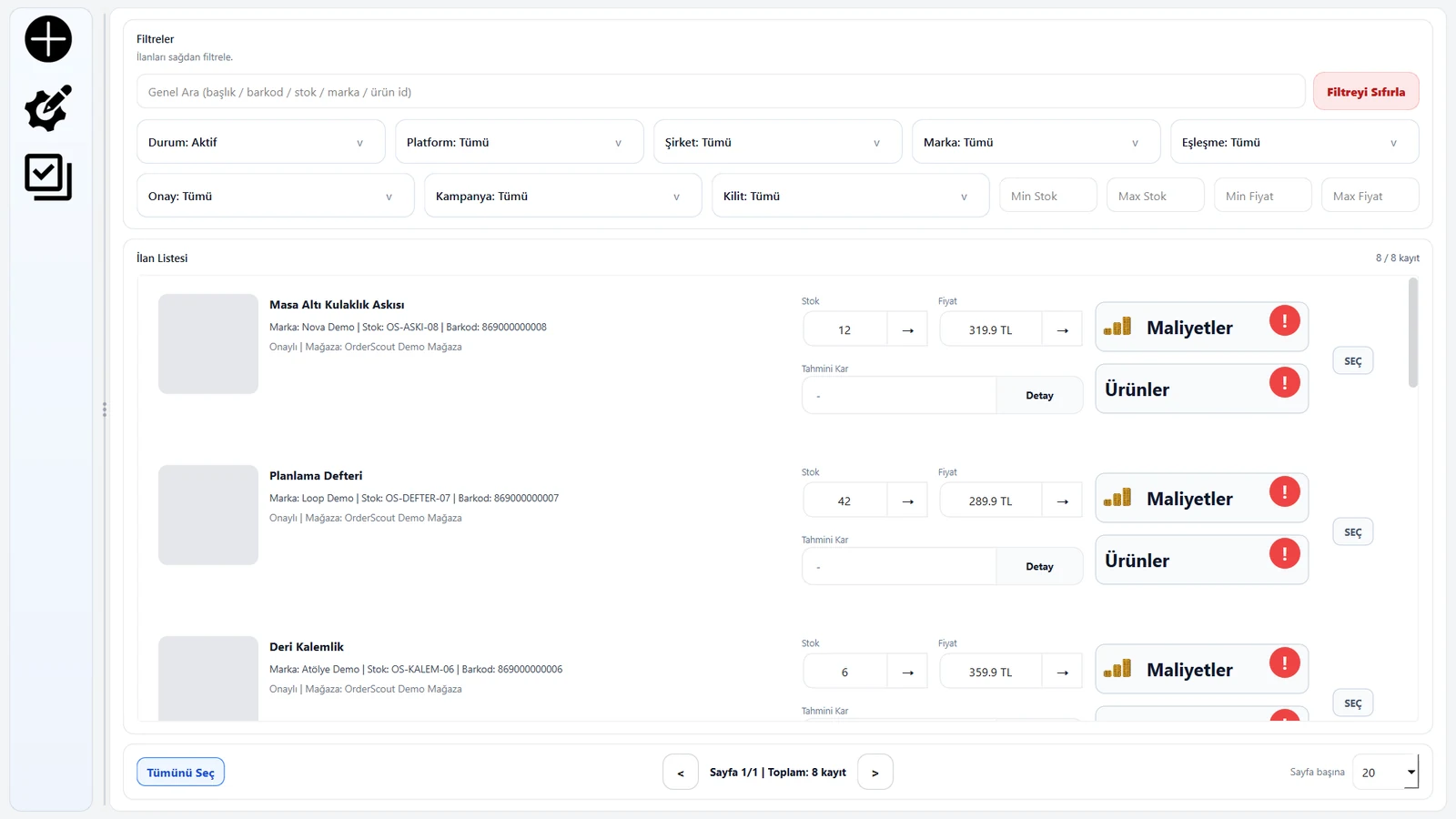 OrderScout ilan yöneticisinde fiyat, stok ve maliyet eşleştirme alanları